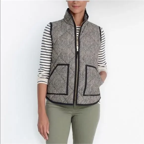 J. Crew Tan & Black Down Excursion Herringbone Quilted Full Zip Vest Size Small - Picture 12 of 13